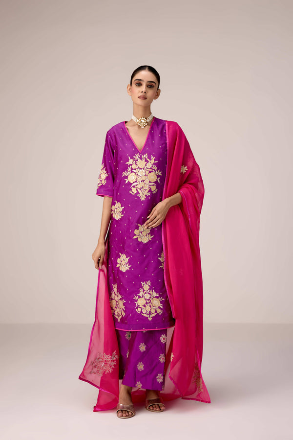 Purple pink gold applique embroidered kurta pants set