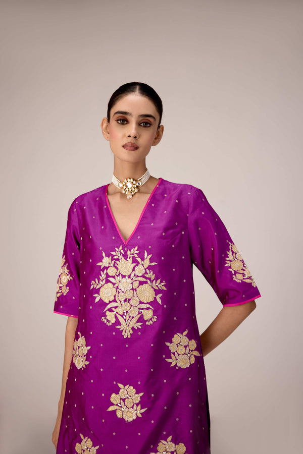 Purple pink gold applique embroidered kurta pants set