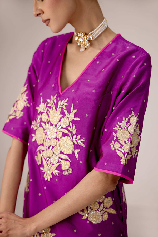 Purple pink gold applique embroidered kurta pants set