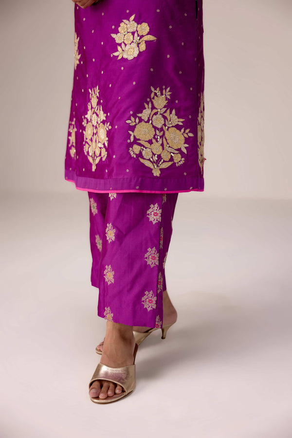 Purple pink gold applique embroidered kurta pants set