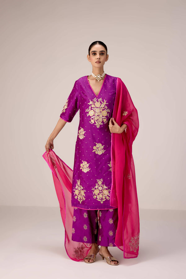 Purple pink gold applique embroidered kurta pants set