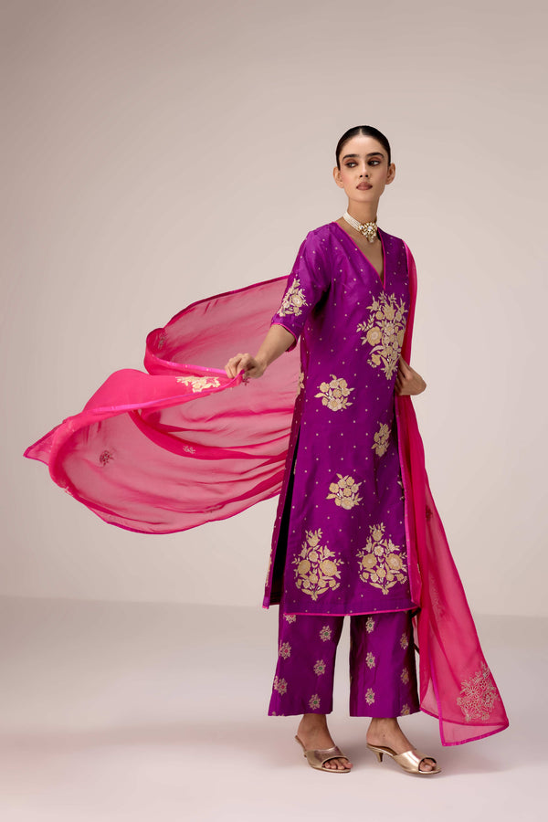 Purple pink gold applique embroidered kurta pants set