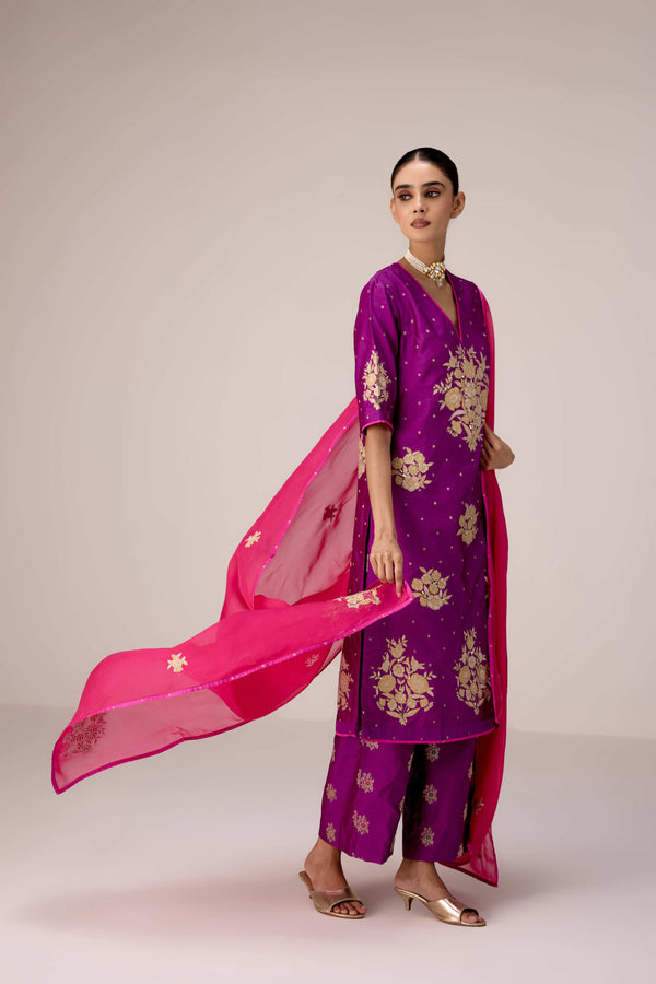 Purple pink gold applique embroidered kurta pants set