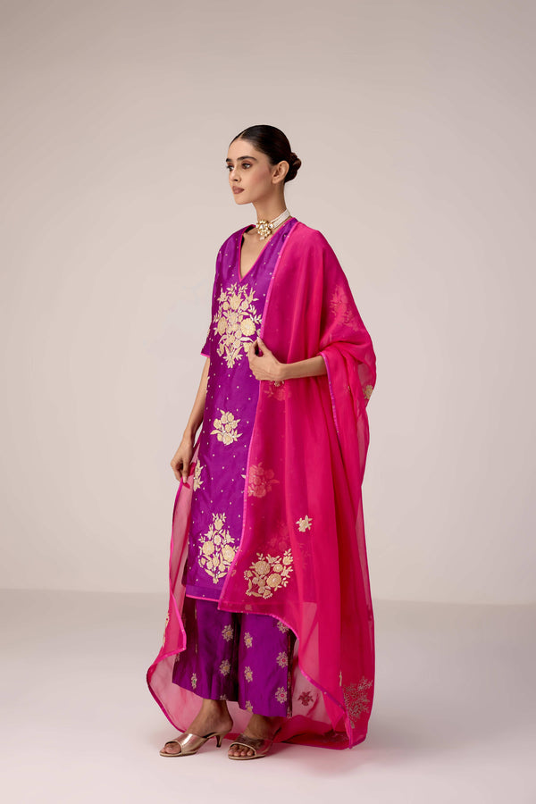 Purple pink gold applique embroidered kurta pants set