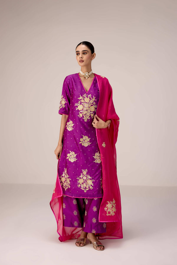 Purple pink gold applique embroidered kurta pants set