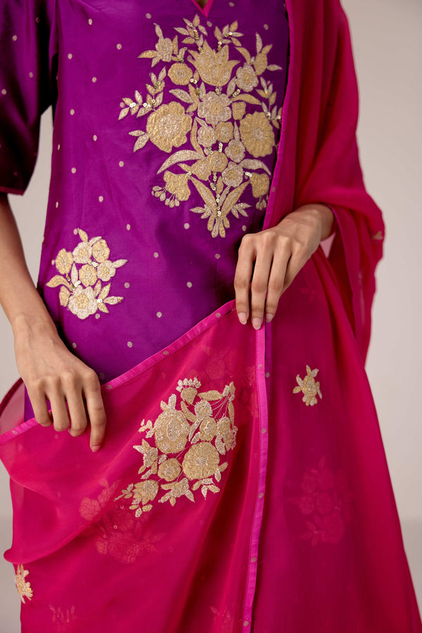 Purple pink gold applique embroidered kurta pants set