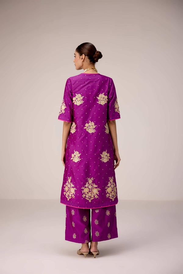 Purple pink gold applique embroidered kurta pants set