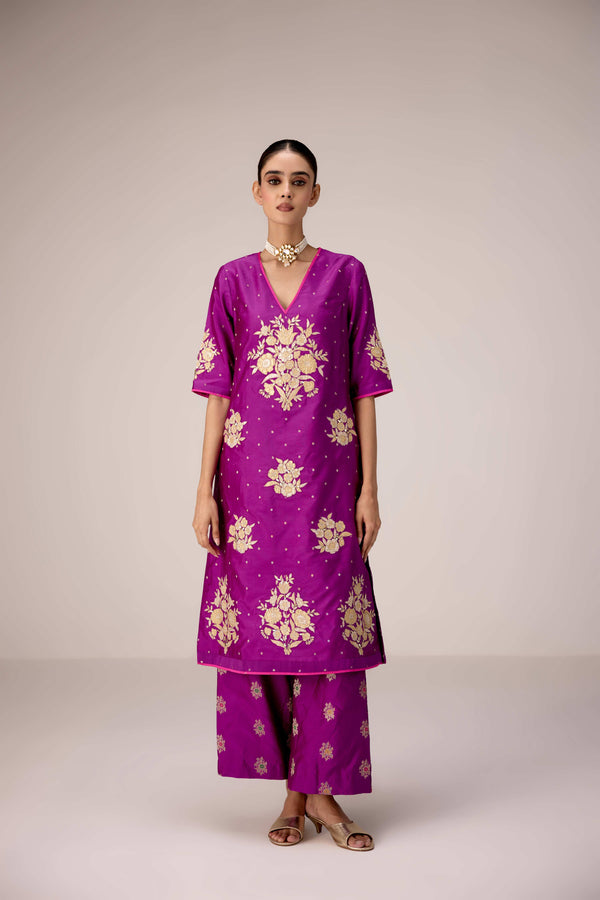 Purple pink gold applique embroidered kurta pants set