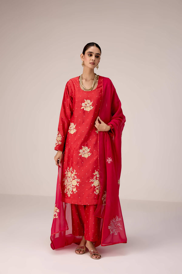 Red gold applique embroidered kurta pants set