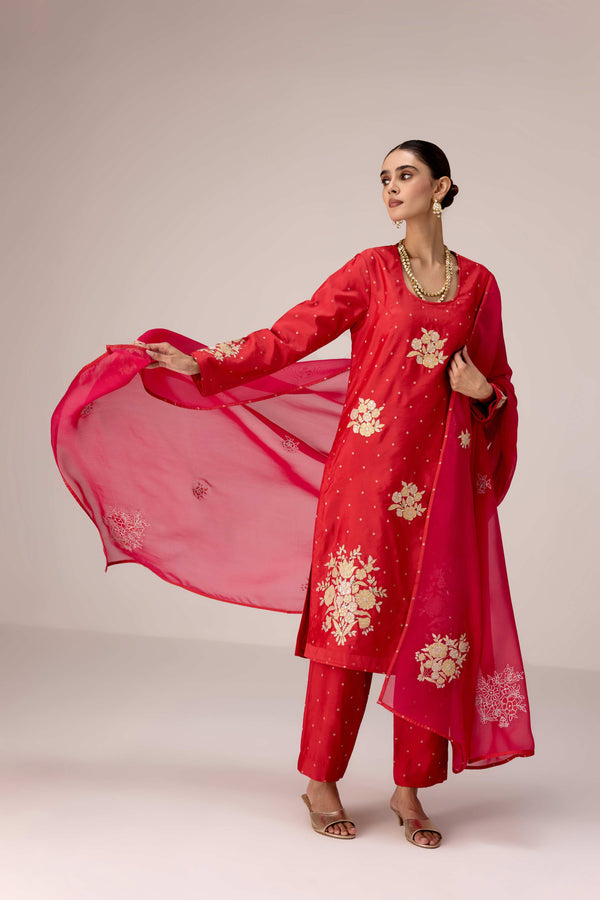 Red gold applique embroidered kurta pants set