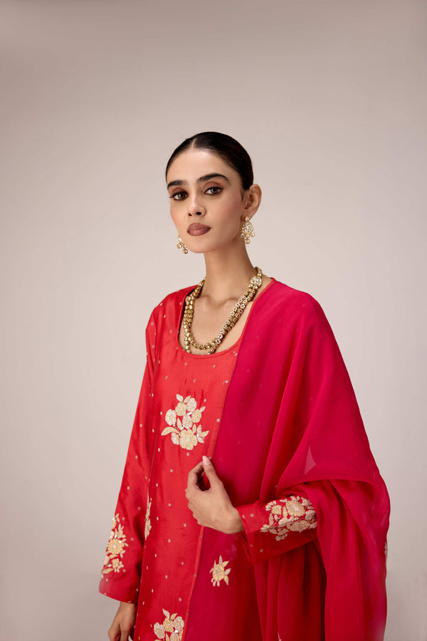 Red gold applique embroidered kurta pants set