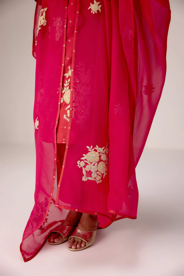 Red gold applique embroidered kurta pants set