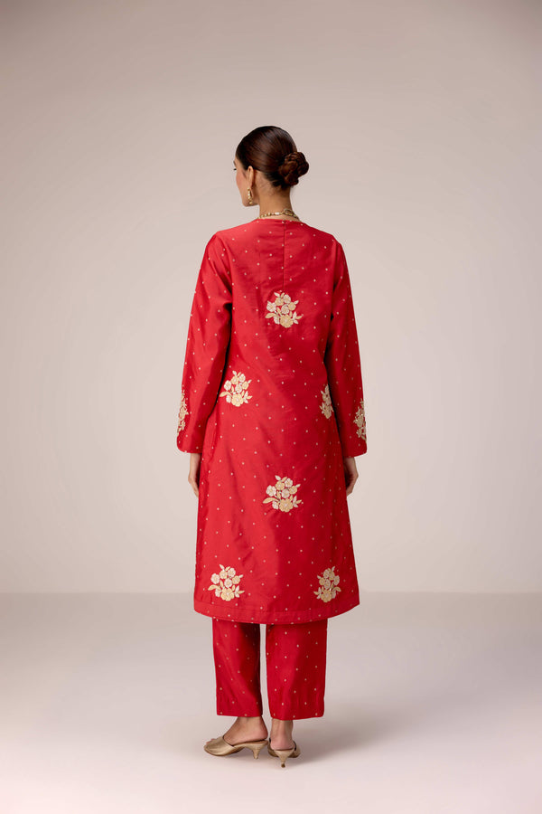Red gold applique embroidered kurta pants set