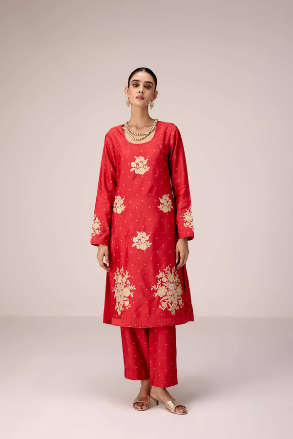 Red gold applique embroidered kurta pants set