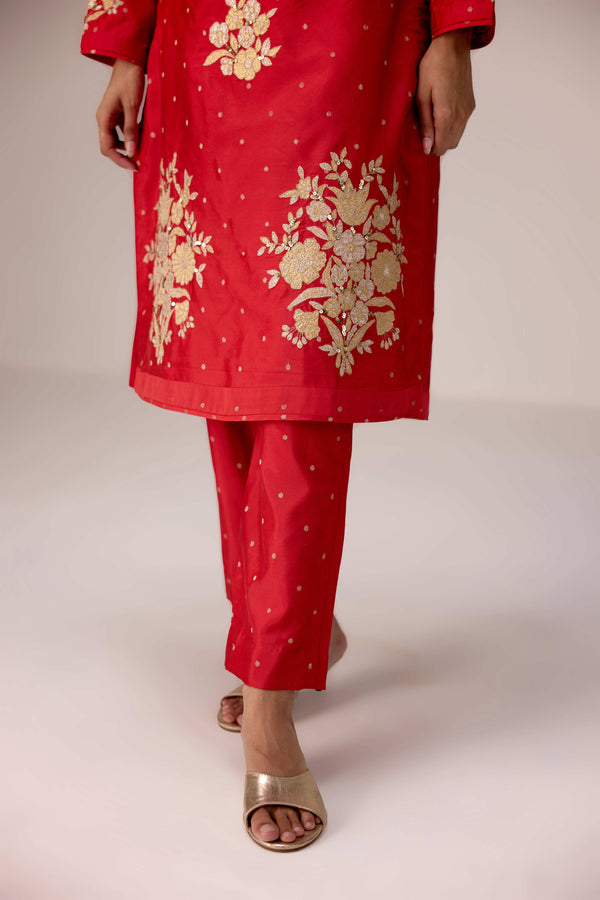 Red gold applique embroidered kurta pants set