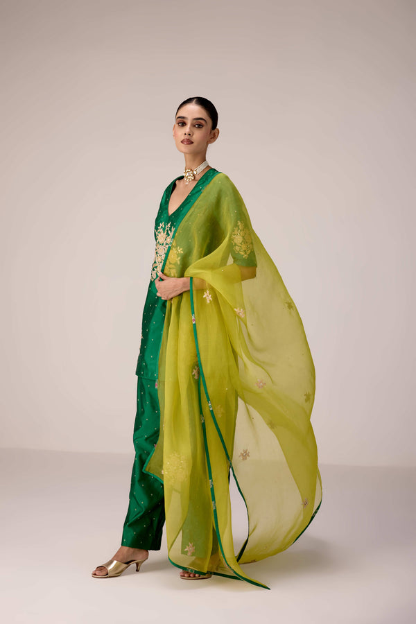 Emerald green gold patch and thread embroidered kurta pants set