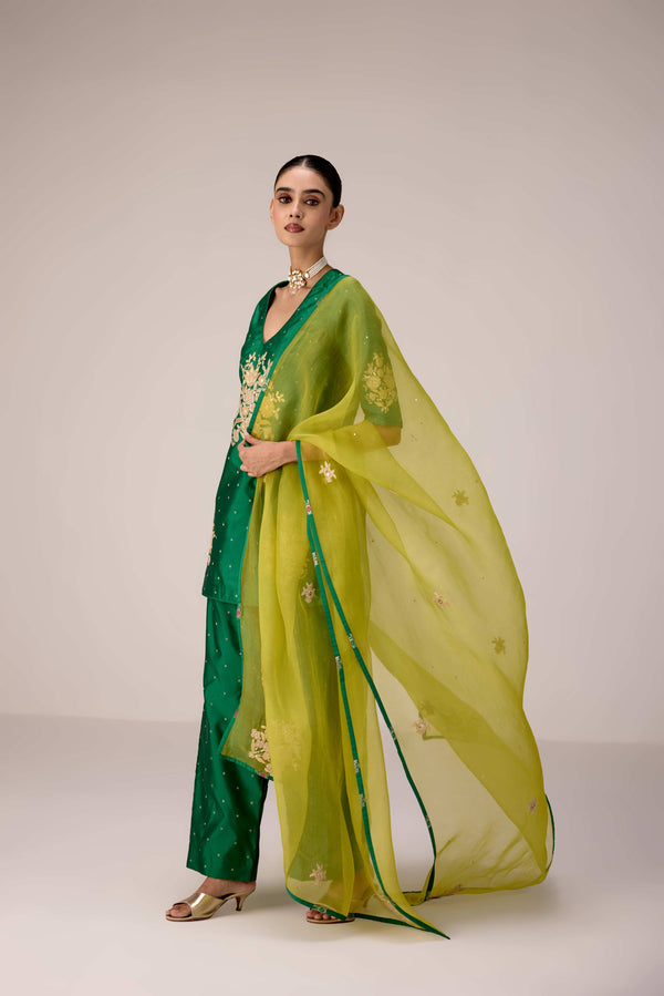 Emerald green gold patch and thread embroidered kurta pants set