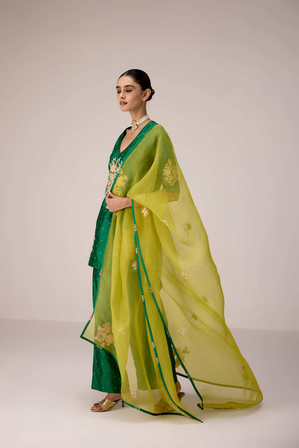 Emerald green gold patch and thread embroidered kurta pants set