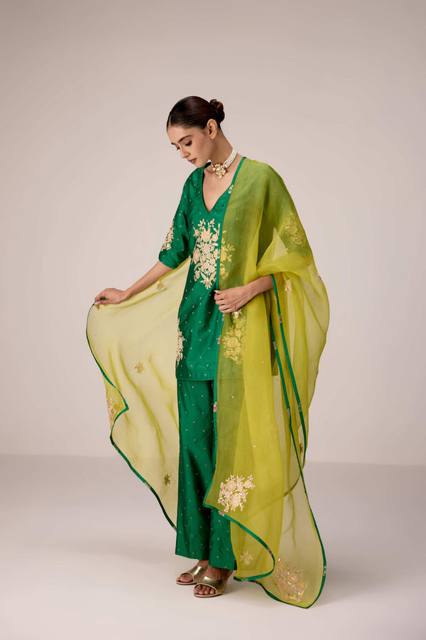 Emerald green gold patch and thread embroidered kurta pants set