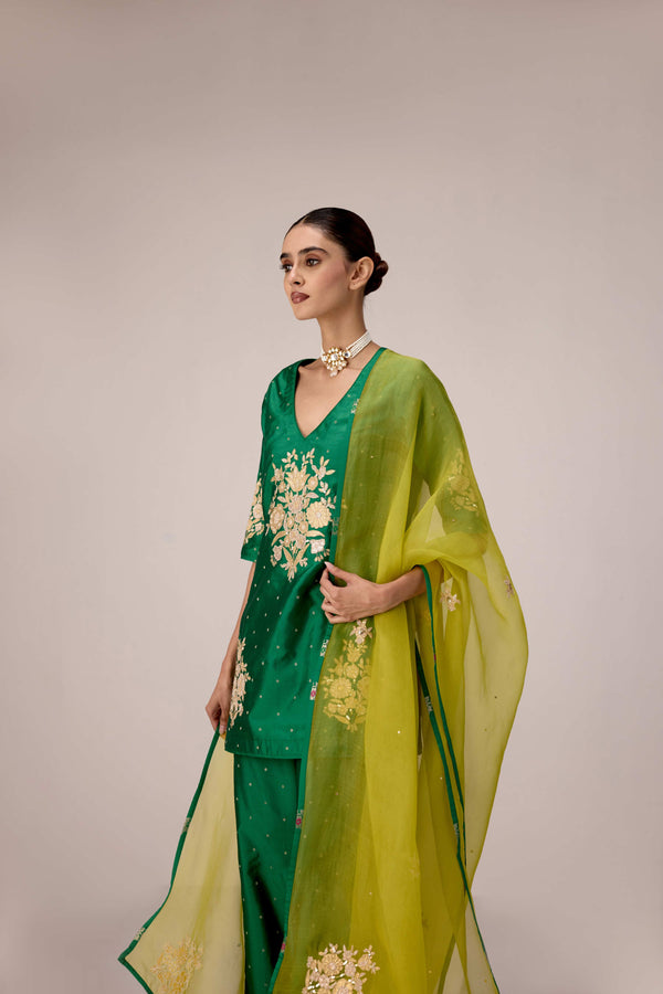 Emerald green gold patch and thread embroidered kurta pants set