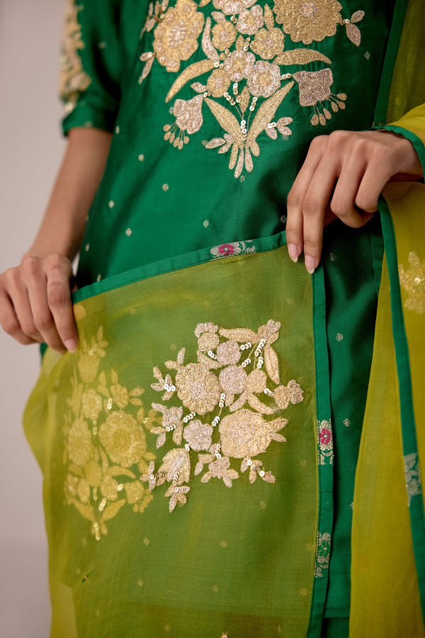 Emerald green gold patch and thread embroidered kurta pants set