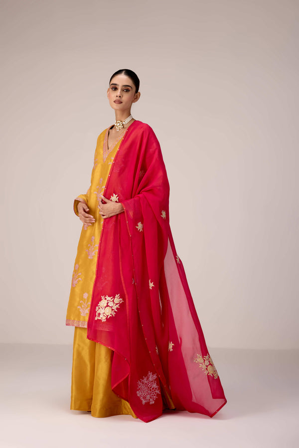 Mustard pink gold patch and thread embroidered kurta pants set.