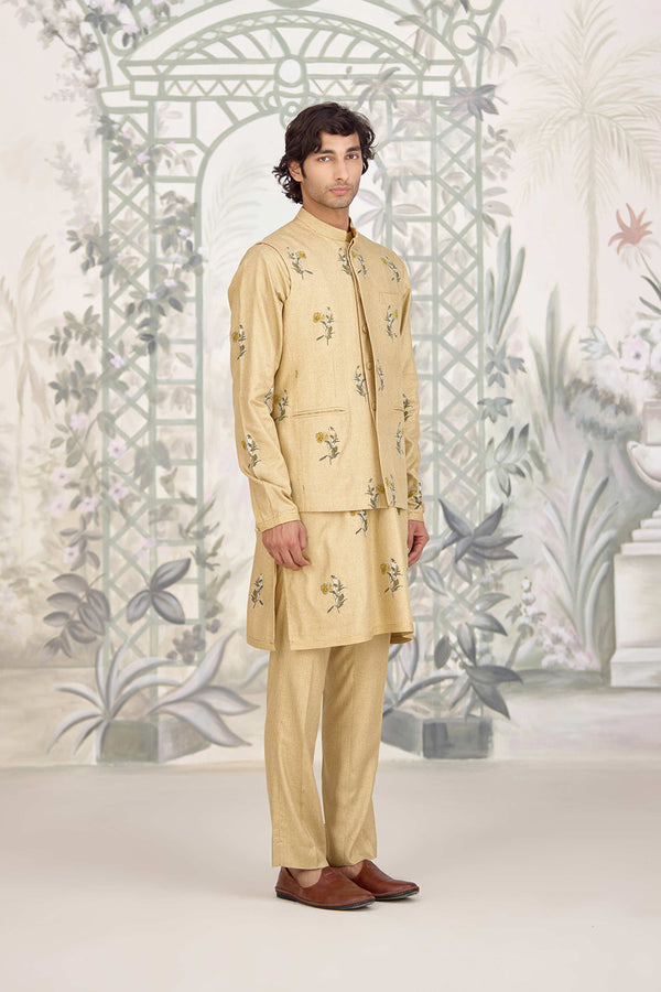 Neutral Yellow Kurta & Waistcoat Set.