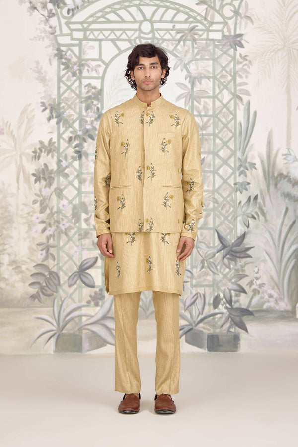 Neutral Yellow Kurta & Waistcoat Set.