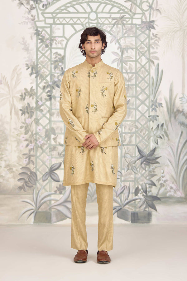 Neutral Yellow Kurta & Waistcoat Set.
