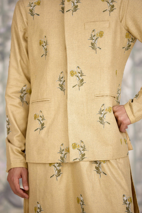 Neutral Yellow Kurta & Waistcoat Set.