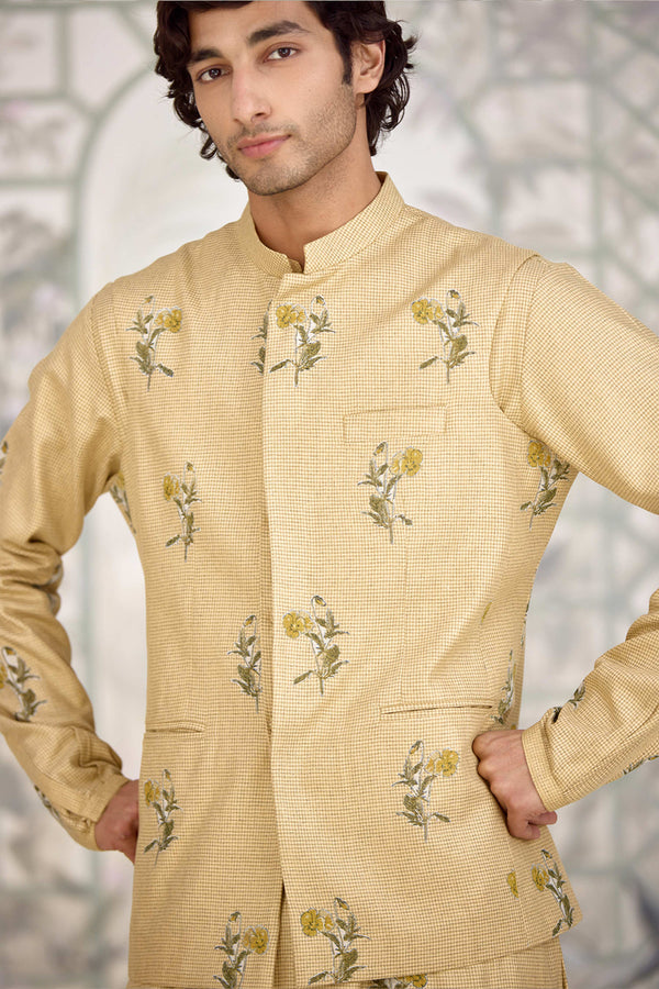 Neutral Yellow Kurta & Waistcoat Set.