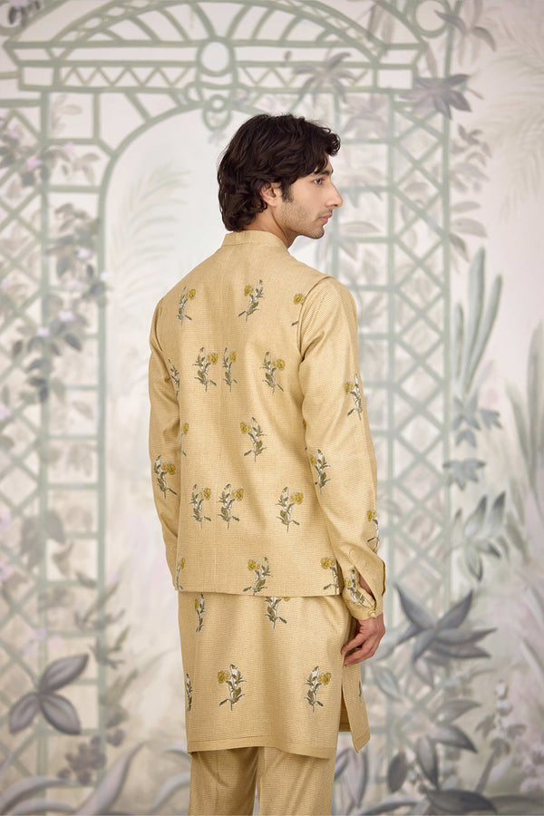 Neutral Yellow Kurta & Waistcoat Set.