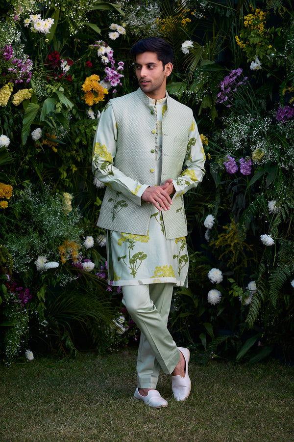 Mist Green Kurta & Waistcoat Set