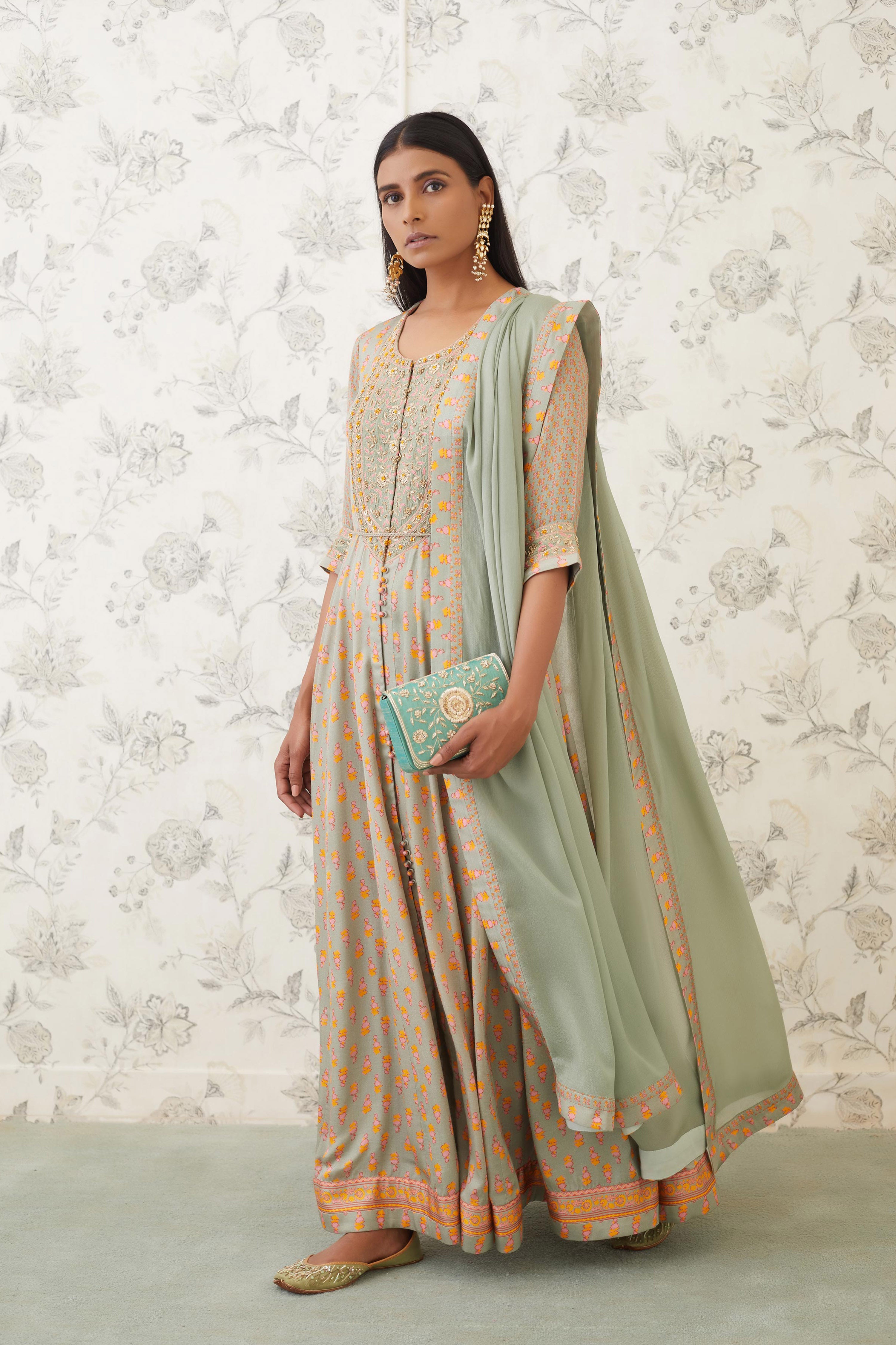 Light Olive Green Anarkali Set. Shyam Narayan Prasad Light Olive Green Anarkali Set. Shyam Narayan Prasad