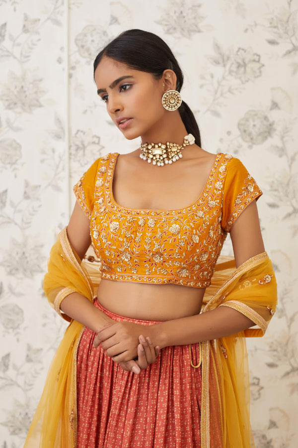 Mustard & Burnt Orange Lehenga Set.