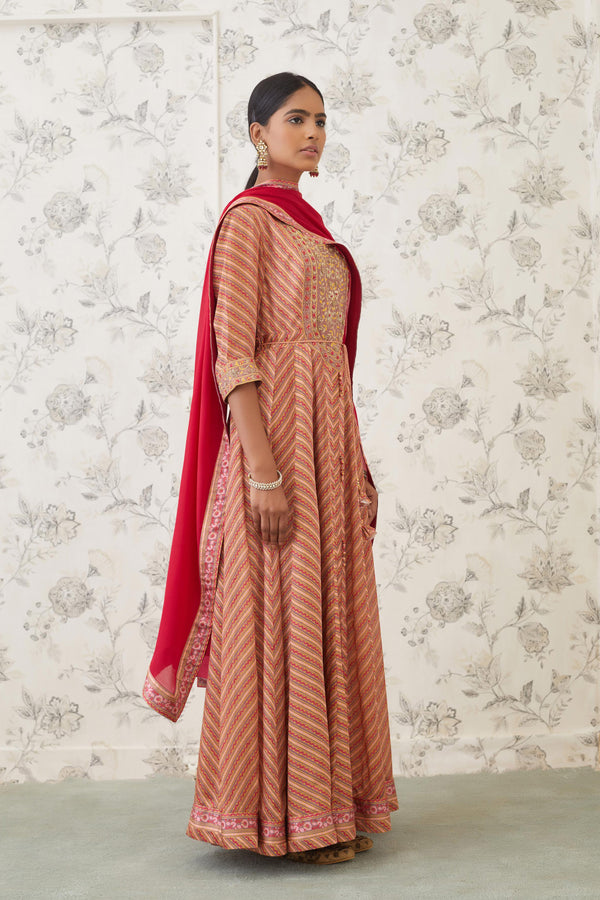 Rust Orange Red Anarkali Set.