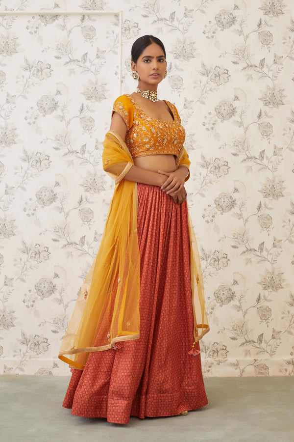 Mustard & Burnt Orange Lehenga Set.