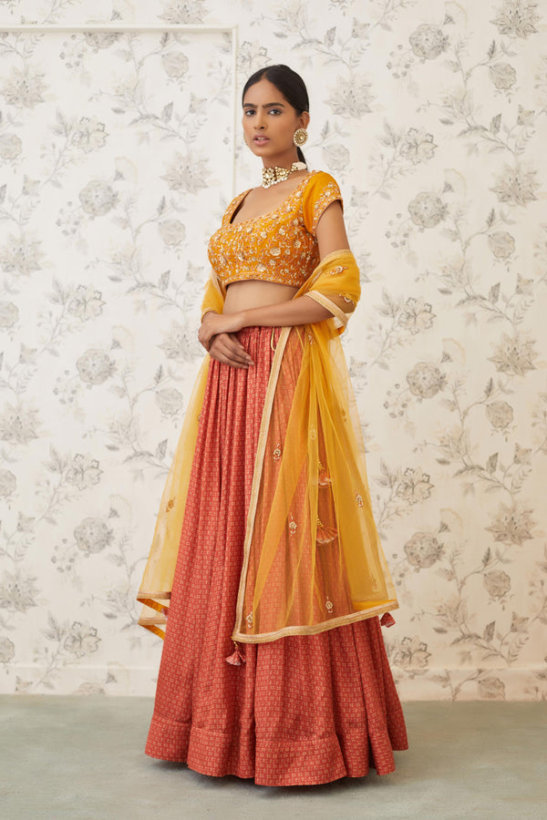 Mustard & Burnt Orange Lehenga Set.