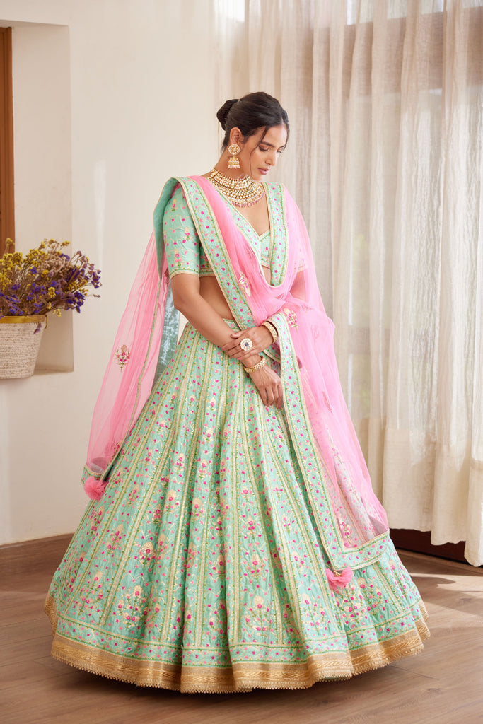 Embroidered Velvet Lehenga in Teal Green and Pink : LNJ468