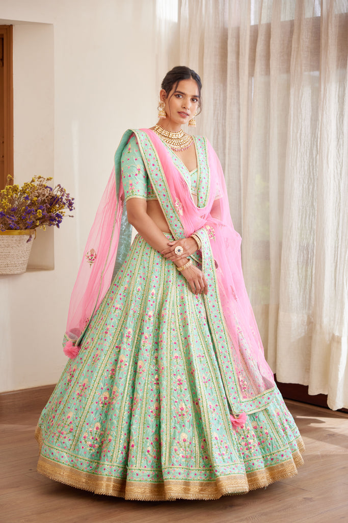 Ravishing Green & Peach Net Thread Zari And Sequins Embroidery With Mirror  Wedding Designer Lehenga Choli With Dupatta - Divine International Trading  Co - 4066718