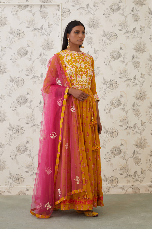 Mustard-Pink Anarkali Set.