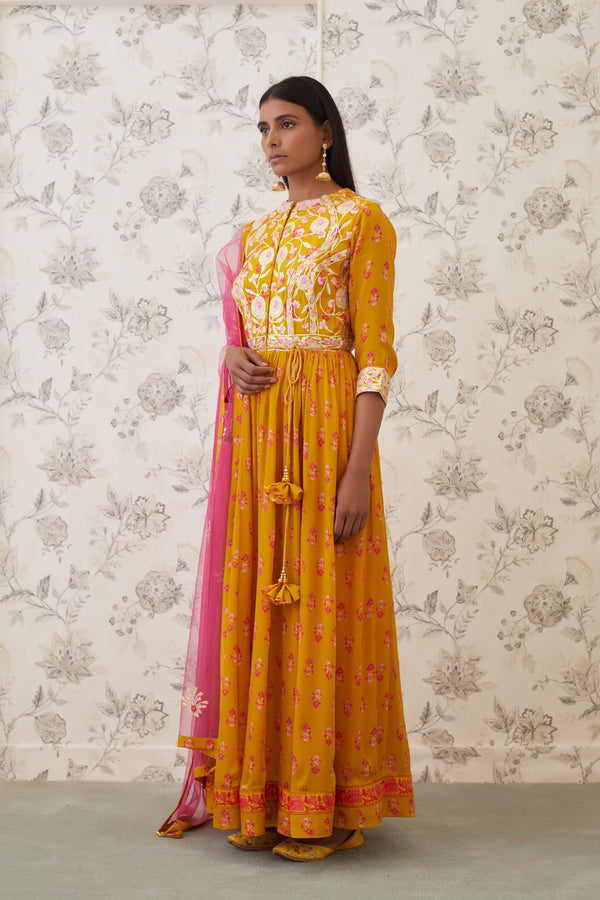 Mustard-Pink Anarkali Set.