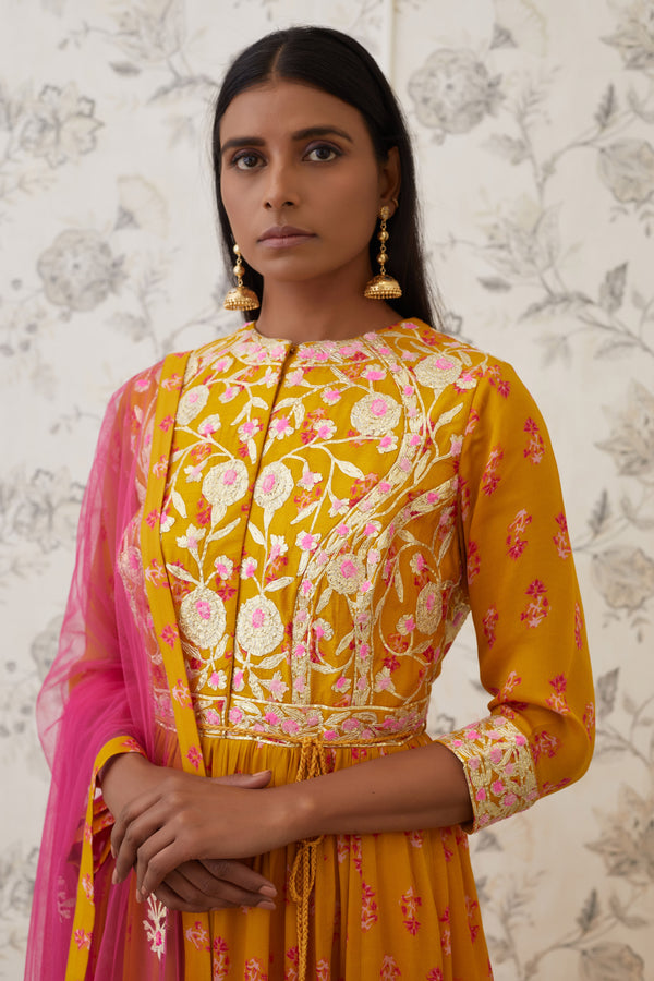 Mustard-Pink Anarkali Set.