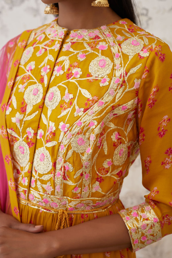 Mustard-Pink Anarkali Set.