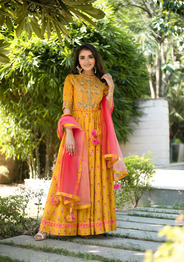 Mustard Yellow Anarkali Set.