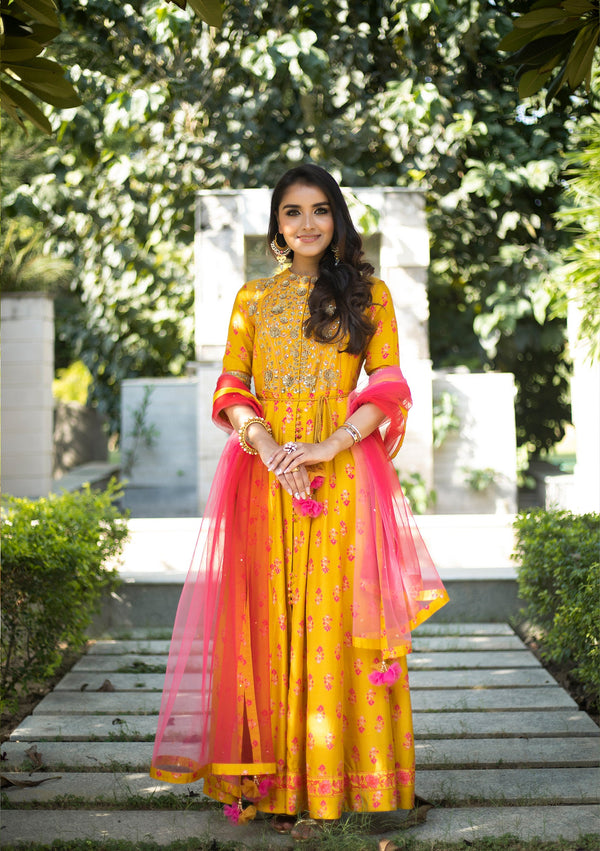 Mustard Yellow Anarkali Set.