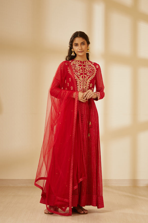 Coral Red Anarkali Set