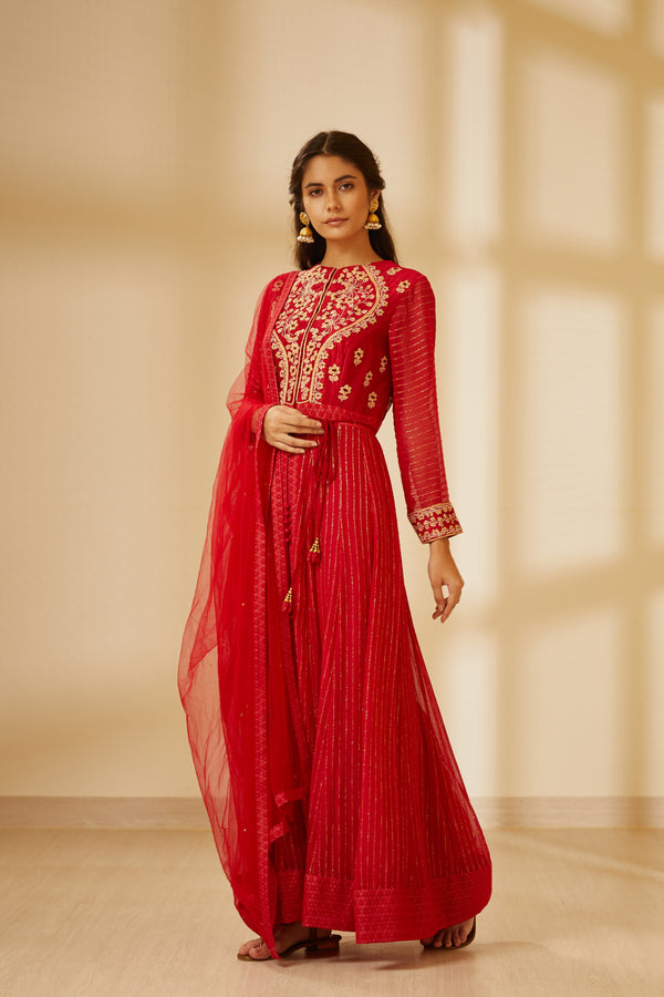 Coral Red Anarkali Set