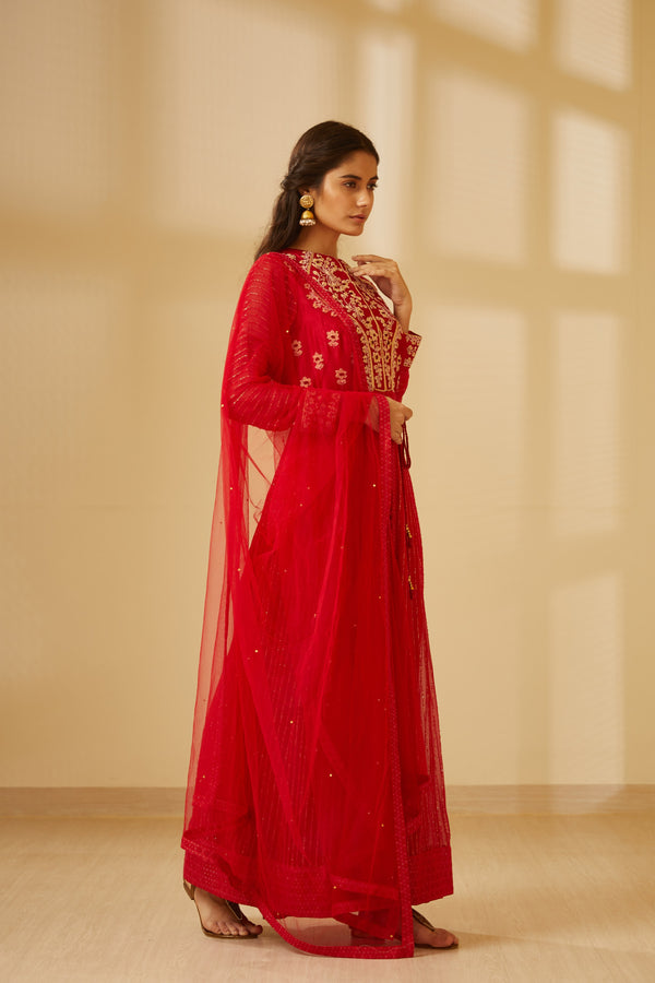 Coral Red Anarkali Set