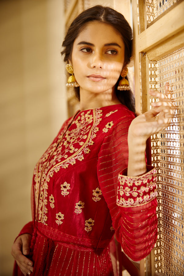 Coral Red Anarkali Set